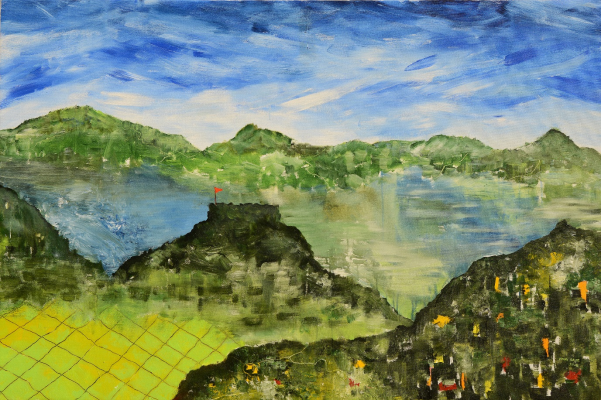 Indian Artist creating a landscape painting on canvas