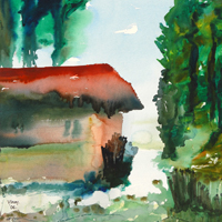 Red-roofed-hut_20-x-16-inches_Watercolor-on-paper